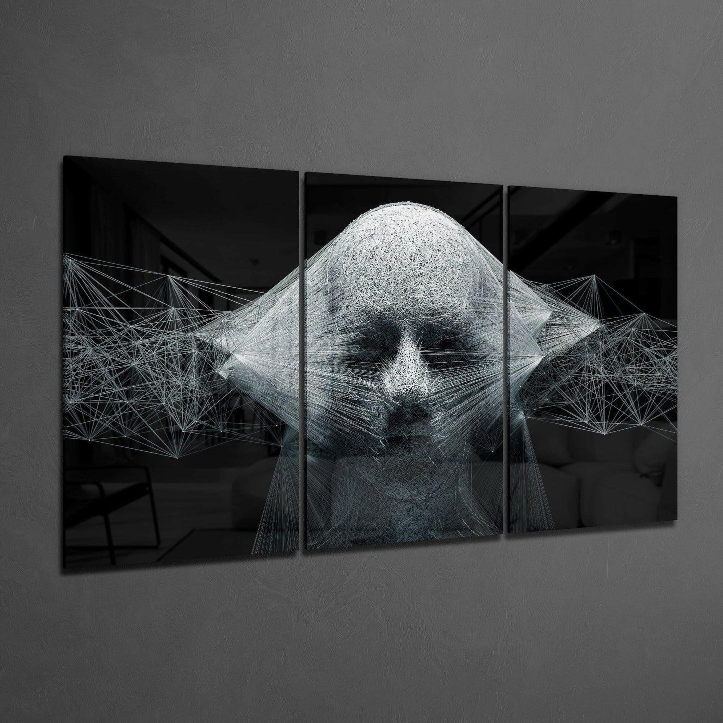White String Art Face On Black Glass Wall Art