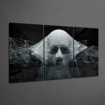 White String Art Face On Black Glass Wall Art