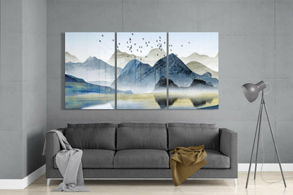 Minimalist Blue Peaks With Bird Flock Glass Wall Art