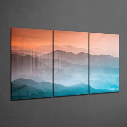 Orange And Teal Layered Misty Hills Glass Wall Art