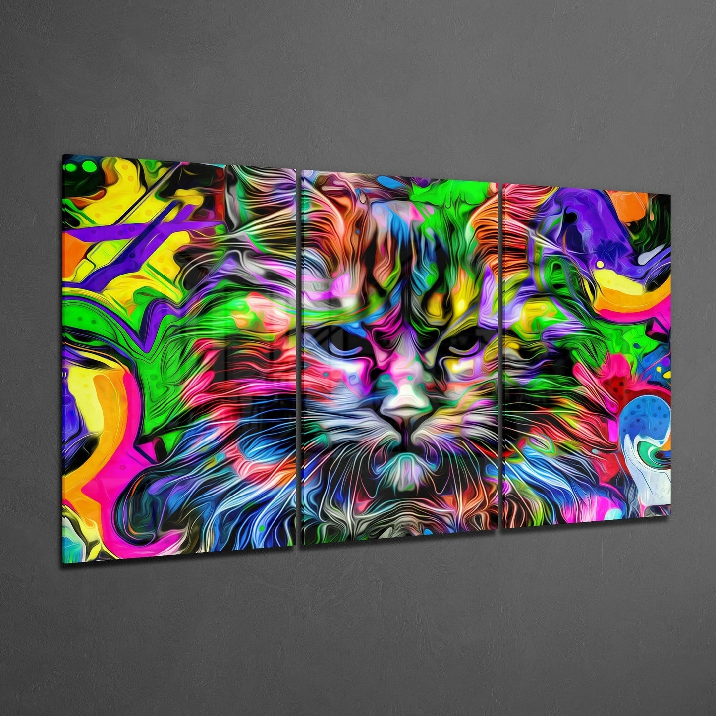 Vibrant multi-panel glass art featuring a colorful neon cat face with swirling psychedelic patterns in pink, purple, green, yellow, and blue displayed at an angle against gray wall.
