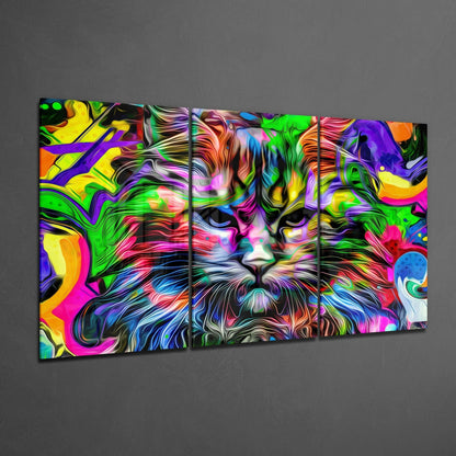 Vibrant multi-panel glass art featuring a colorful neon cat face with swirling psychedelic patterns in pink, purple, green, yellow, and blue displayed at an angle against gray wall.