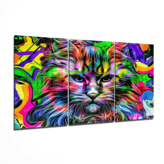 Triptych glass art panel displaying a colorful cat face with neon swirling patterns in vibrant rainbow hues.