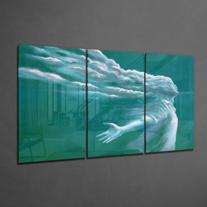 Three-panel teal glass art depicting a translucent ethereal figure with white clouds against grey wall.