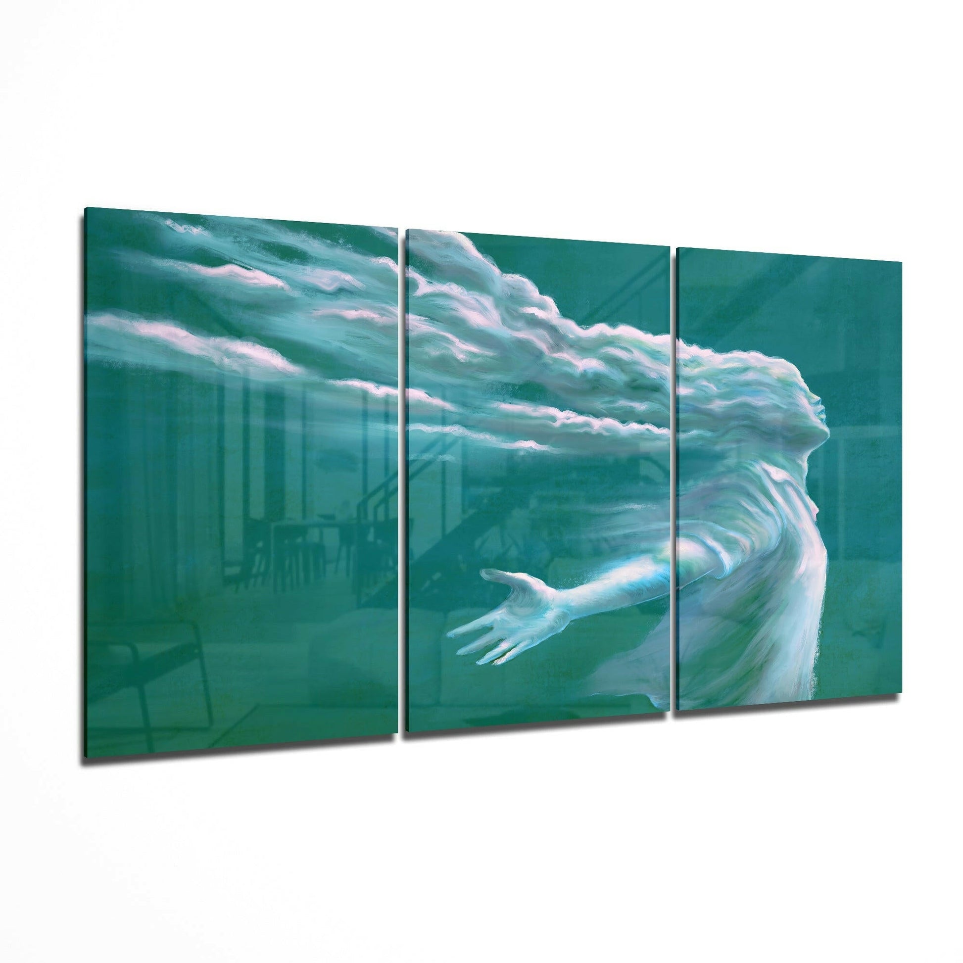 Three-panel teal glass art depicting a profile figure with flowing cloud-like hair against an architectural interior backdrop.