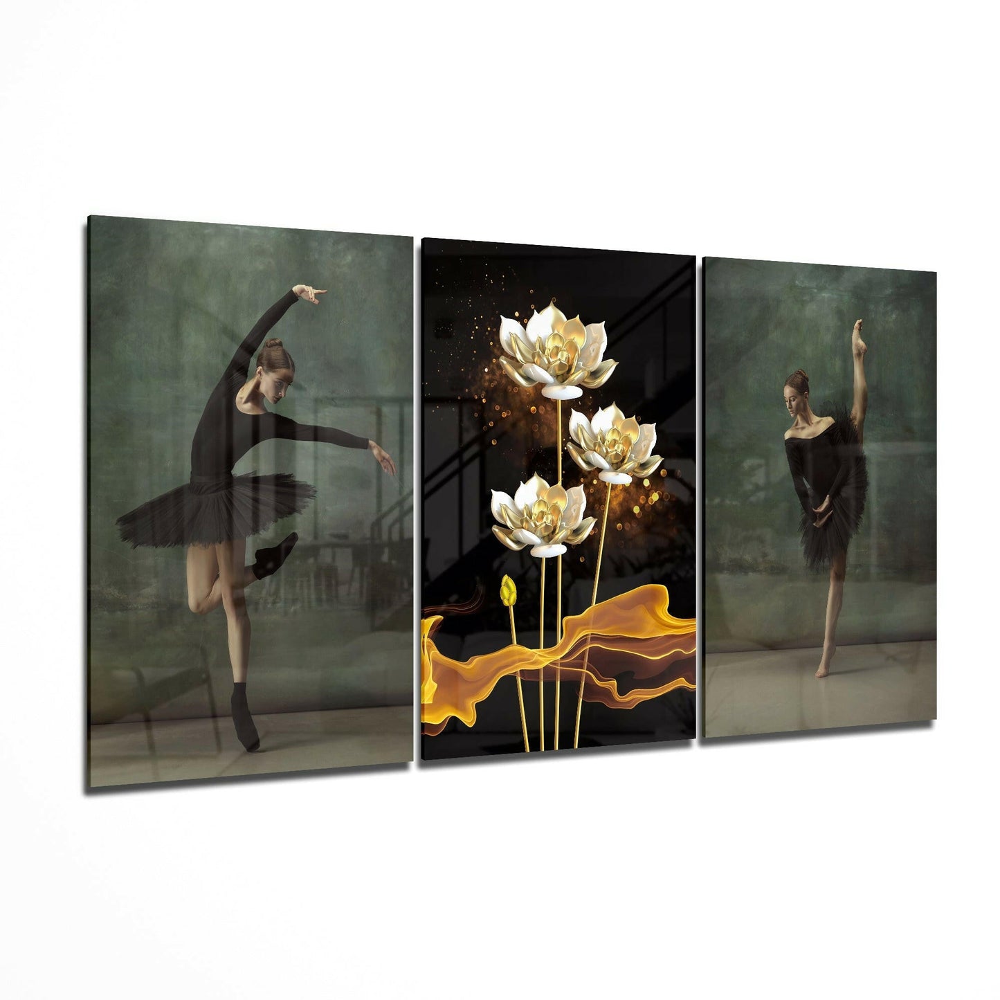 Three-panel glass art display featuring ballet dancers in black tutus on side panels and glowing golden lotus flowers with amber waves on the center panel against dark backgrounds.
