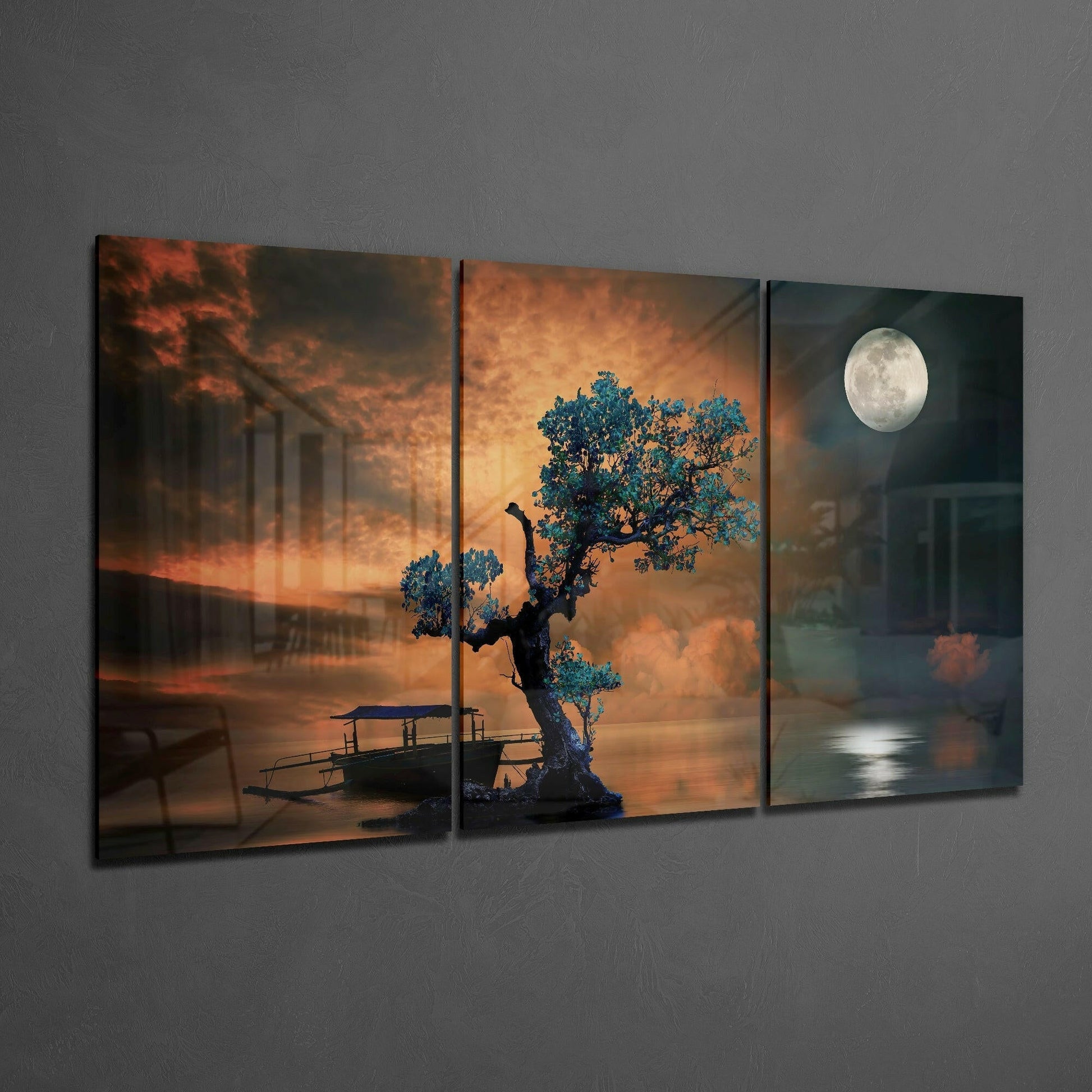 Three-panel glass wall art display showing a stylized tree with blue foliage beside a boat under golden and moonlit skies.