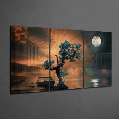 Three-panel glass wall art display showing a stylized tree with blue foliage beside a boat under golden and moonlit skies.