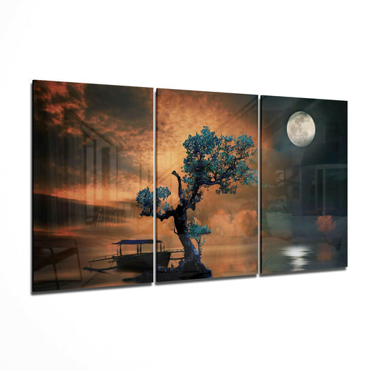 Three-panel glass wall art displaying a stylized bonsai tree with blue foliage against golden sunset and moonlit water scenes.