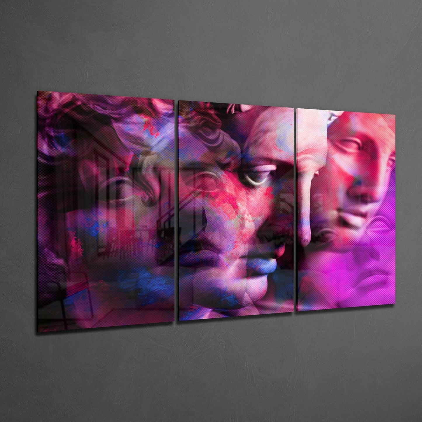 Magenta Glitch Classical Statue Faces Glass Wall Art