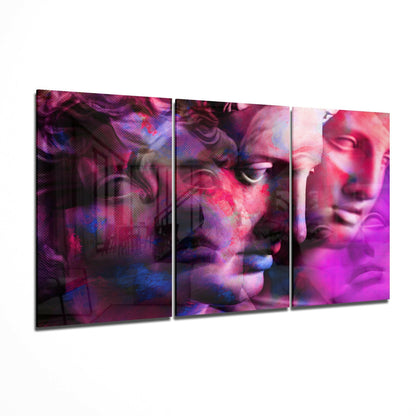 Magenta Glitch Classical Statue Faces Glass Wall Art