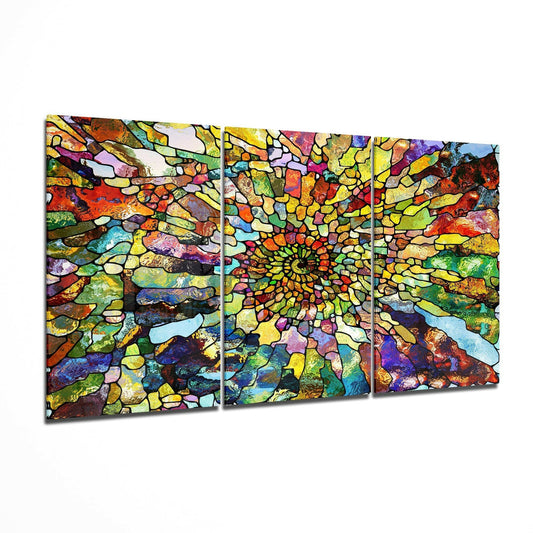 Three-panel triptych glass art with vibrant stained-glass pattern featuring concentric circles radiating outward in multicolored mosaic tiles.
