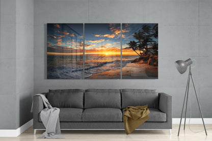 Palm Tree Tropical Beach Sunset Glass Wall Art