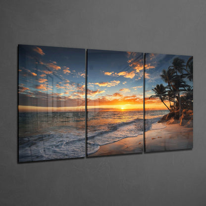 Palm Tree Tropical Beach Sunset Glass Wall Art