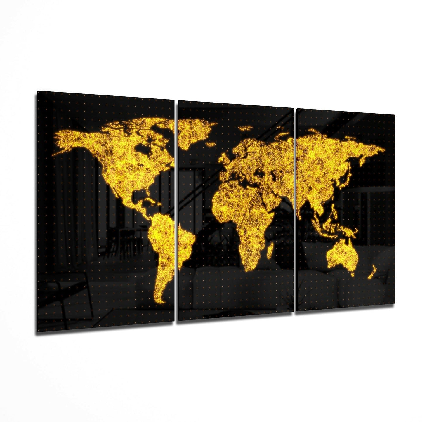 Glowing Gold Wire World Map Glass Wall Art