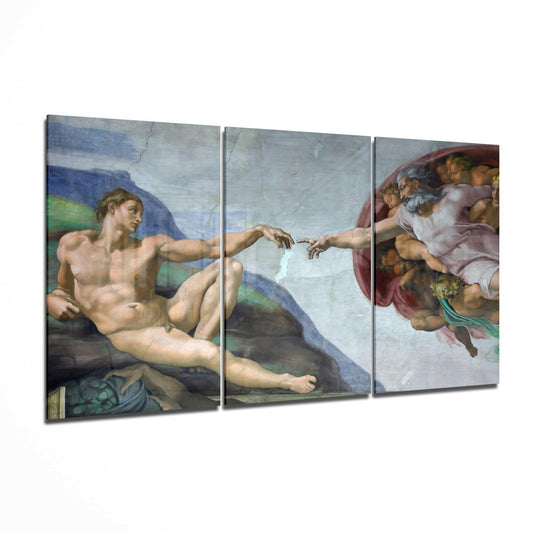 Three-panel glass art display of Michelangelo's Creation of Adam with two figures reaching toward each other against blue and green background.