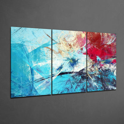 Three-panel blue glass art installation displayed on gray wall, featuring abstract brushstrokes in turquoise, red, and cream tones.