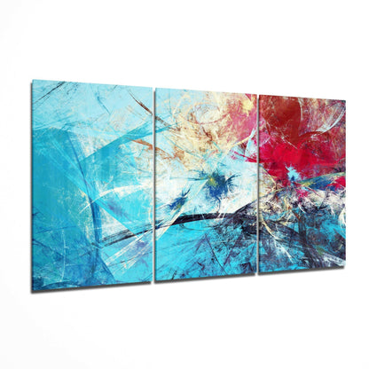 Three-panel abstract glass art displaying blue, turquoise, red, and cream tones with layered scratched textures and dynamic brushstroke effects.
