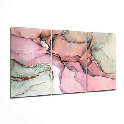 Three-panel triptych glass art featuring abstract fluid design with pink, cream, and sage tones separated by dark veining.