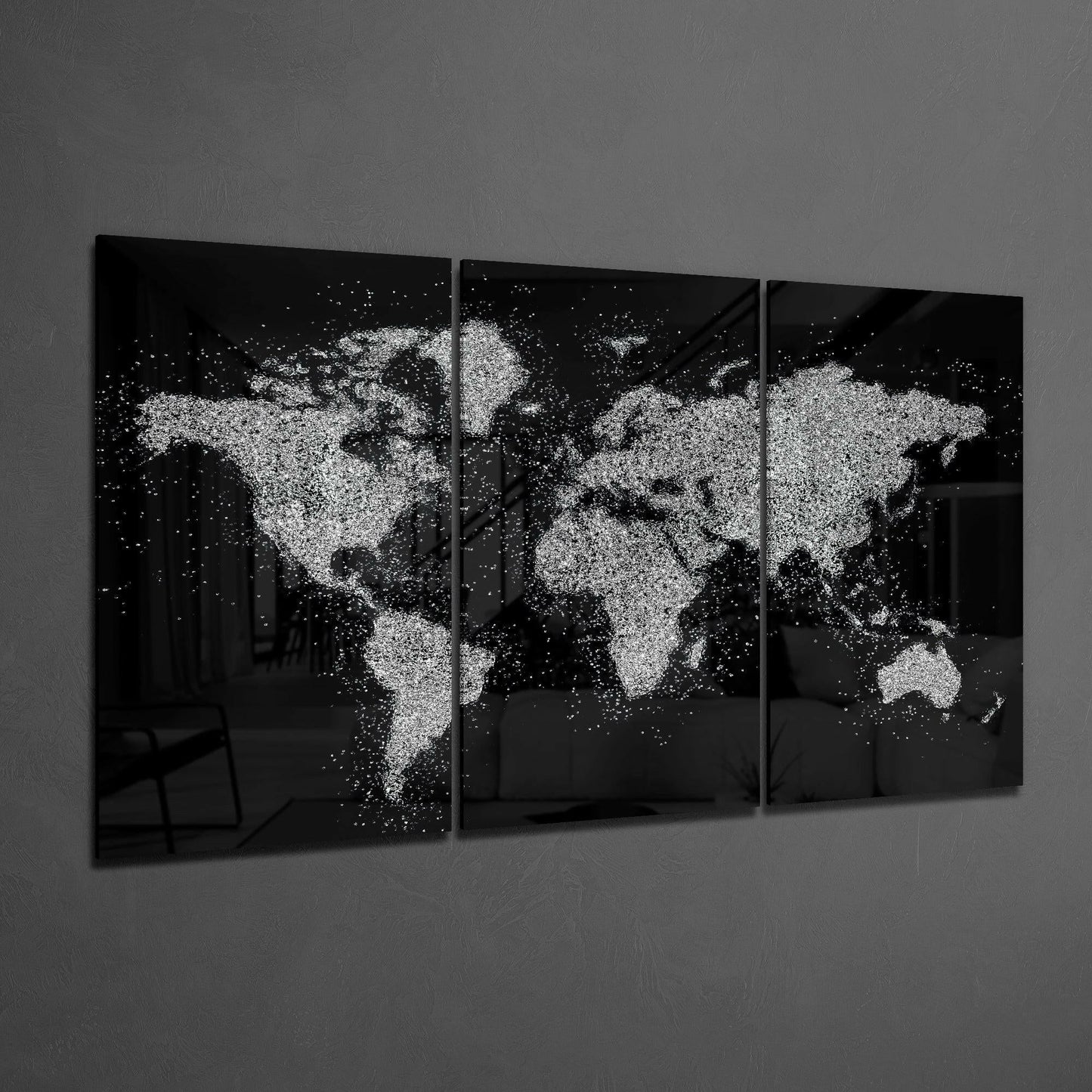White Paint Splatter World Map Glass Wall Art