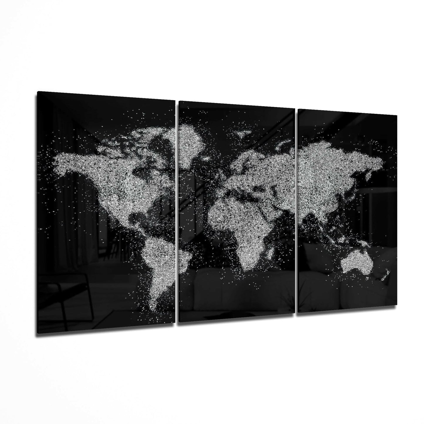 White Paint Splatter World Map Glass Wall Art