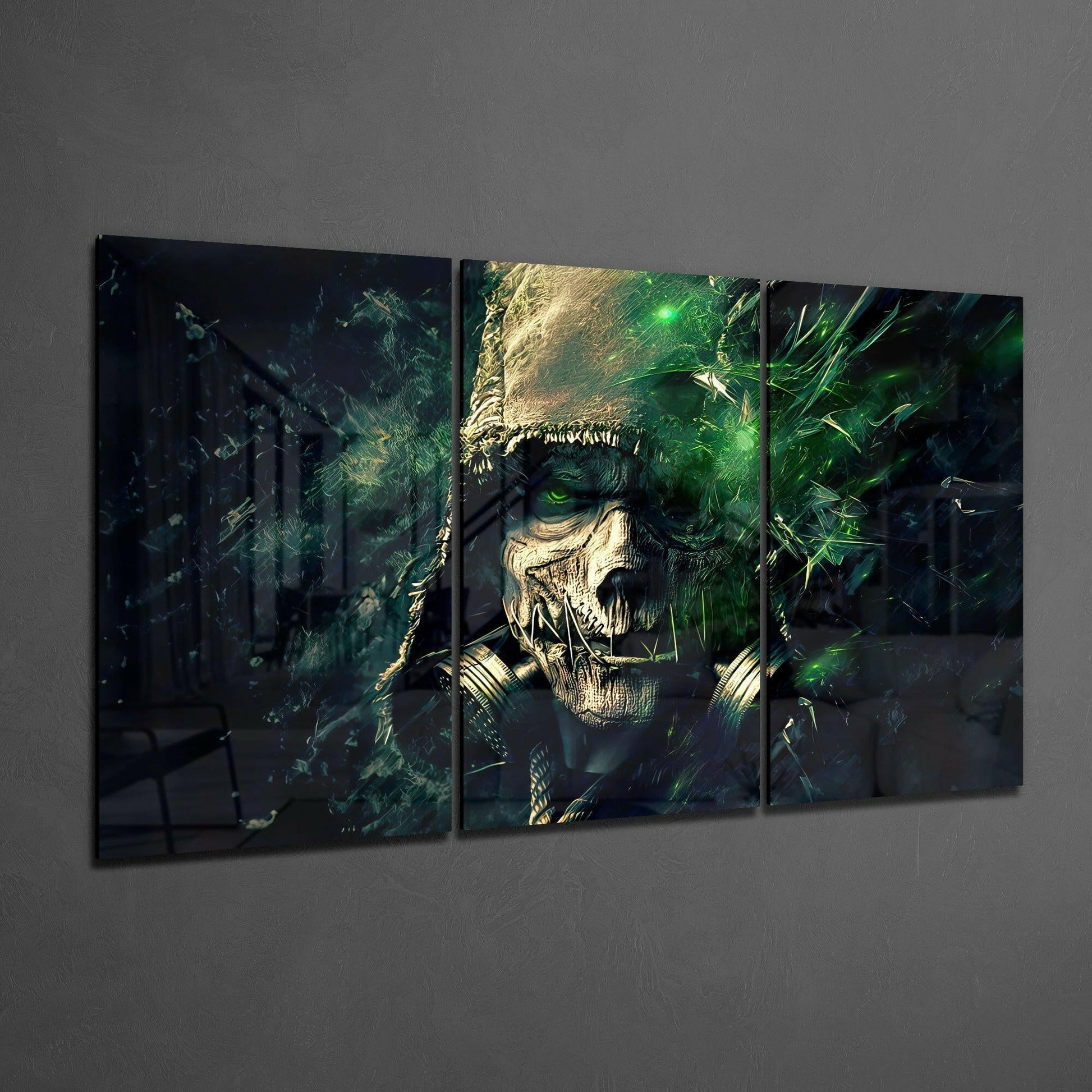 Three-panel glass art display showing a skeletal scarecrow figure with green glowing eyes and golden highlights against dark backgrounds.