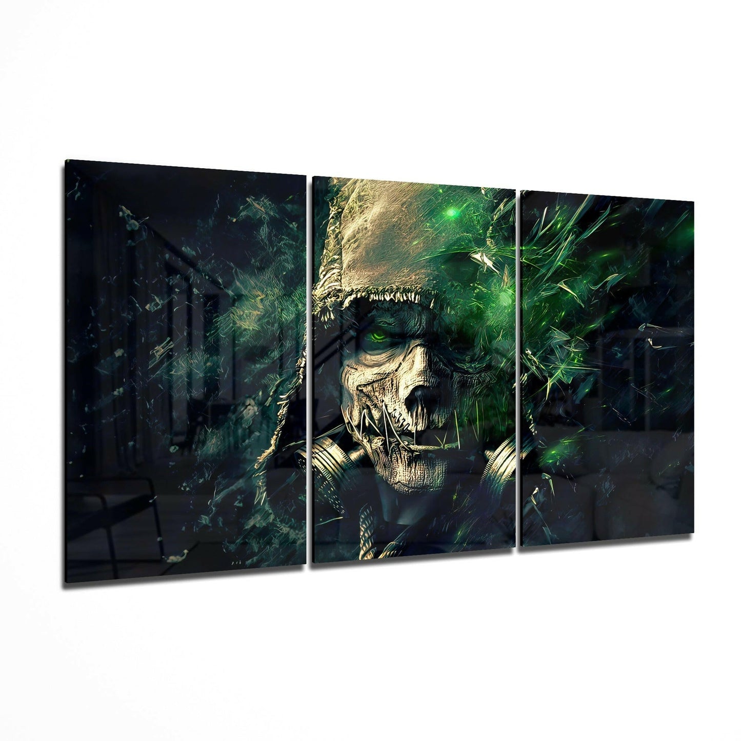 Three-panel glass art triptych displaying an illuminated skull figure with glowing green eyes surrounded by dark foliage and atmospheric lighting effects.