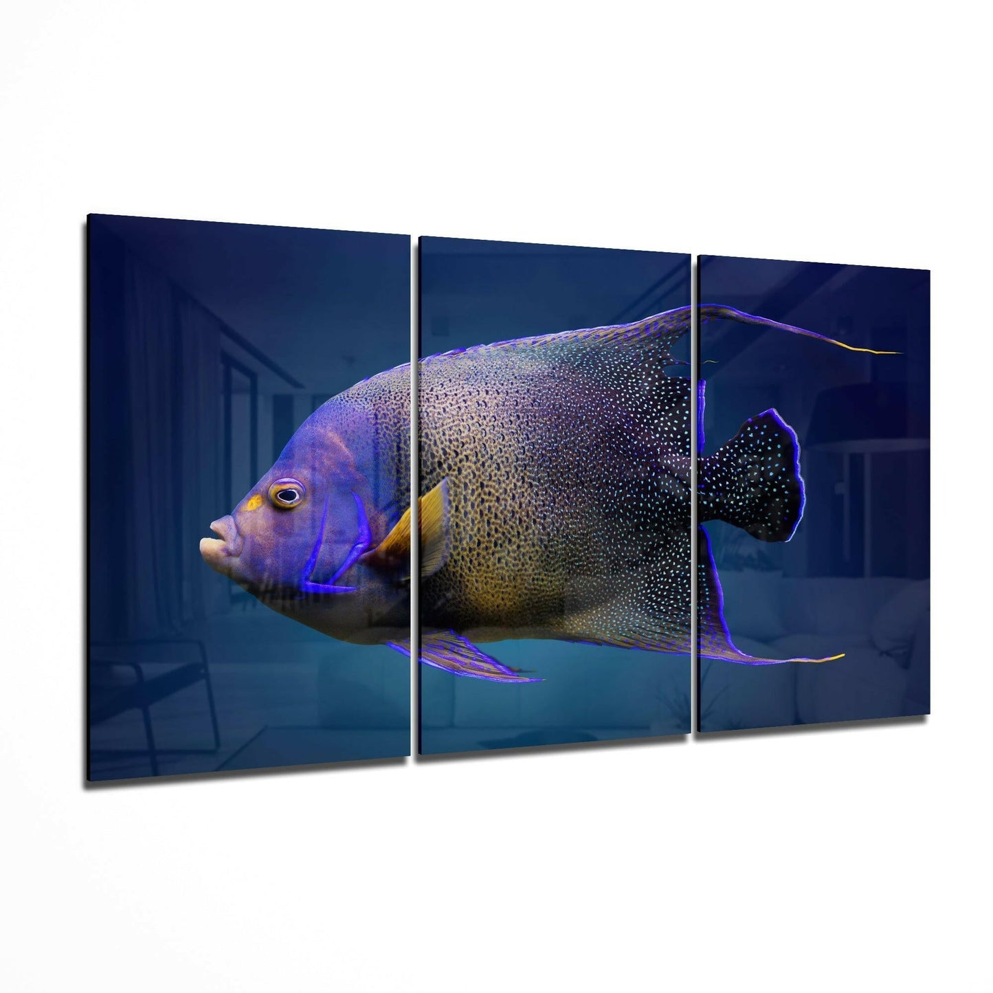 Three-panel glass art displaying a purple and gold queen angelfish against a deep blue background, shown in profile view.