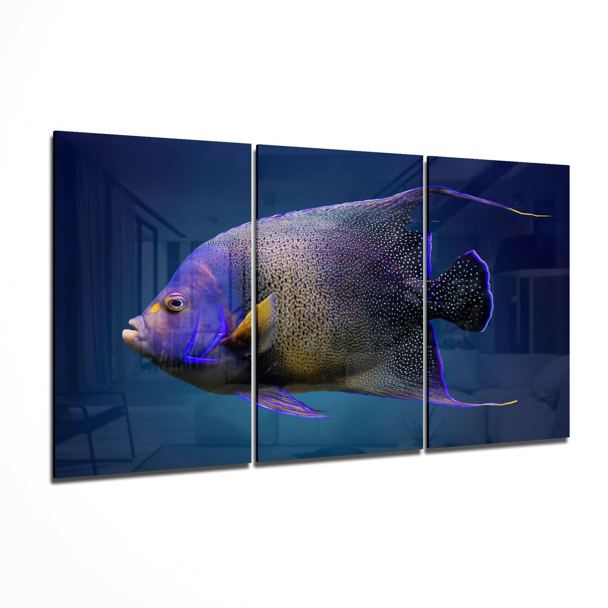 Three-panel glass art displaying a purple and gold queen angelfish against a deep blue background, shown in profile view.