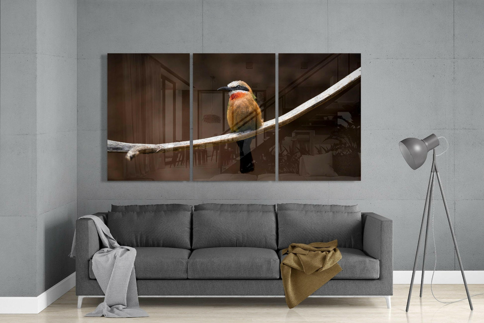 Three-panel glass art of a colorful bee-eater bird perched on a white branch against a dark interior background, displayed above a gray sofa.