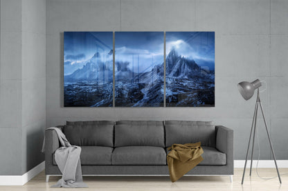 Stormy Blue Jagged Peaks At Dusk Glass Wall Art