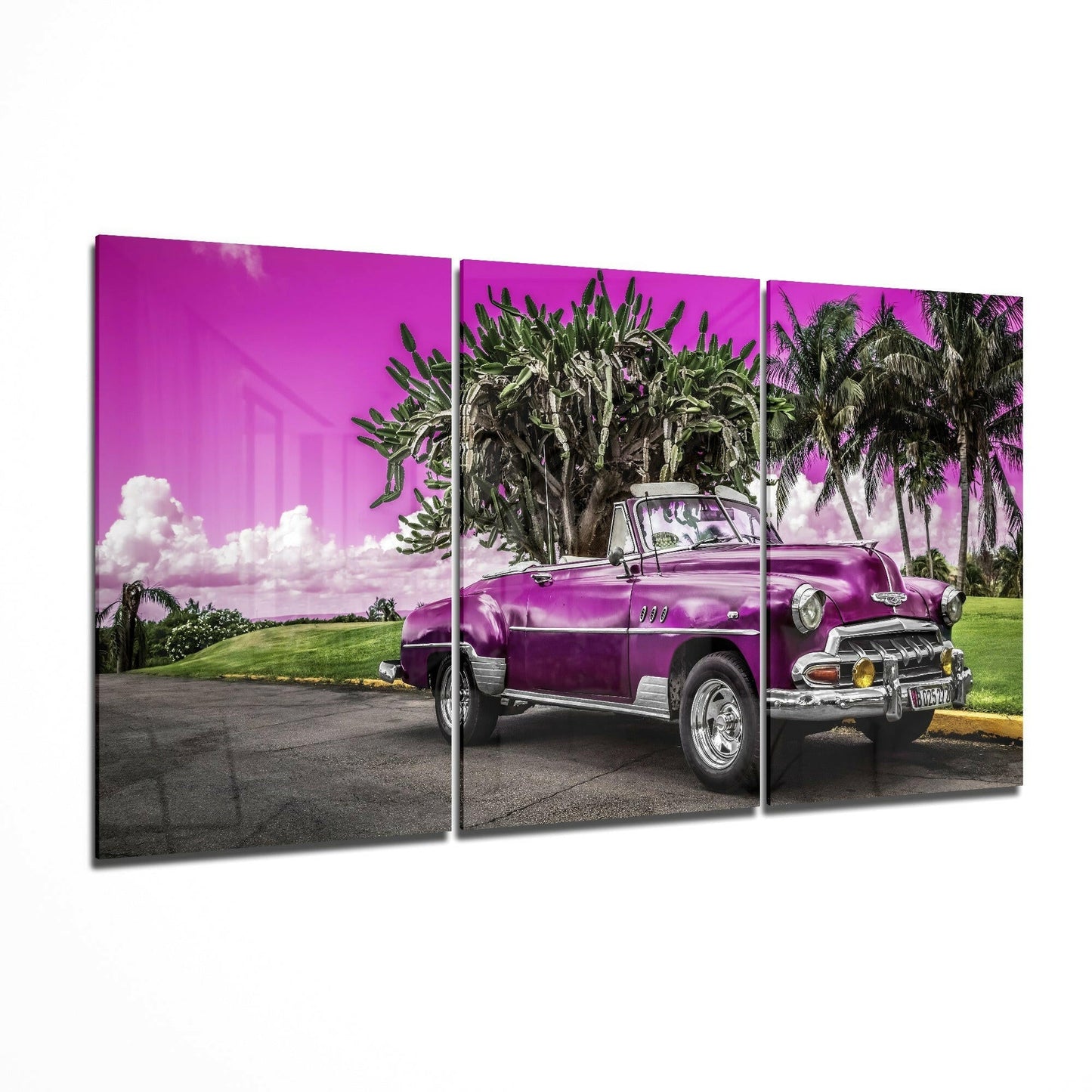 Three-panel glass art displaying a purple vintage convertible car parked under palm trees against a vibrant magenta sky.