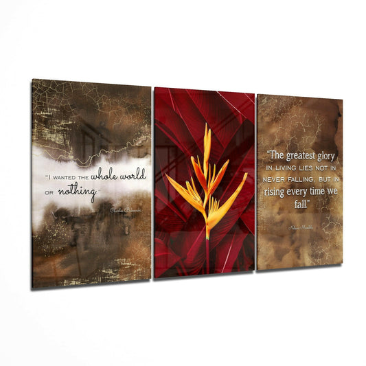 Three glass panels displaying inspirational quotes with brown textured backgrounds on outer panels and vibrant red bird of paradise flower in center panel.