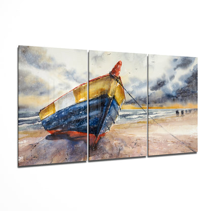Watercolor Fishing Boat Beach Glass Wall Art