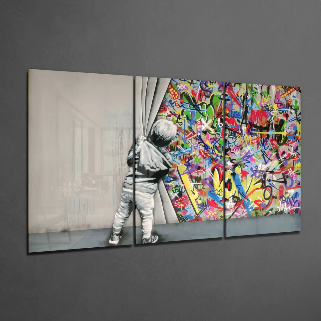 Child revealing vibrant graffiti in colorful Insigne glass art triptych