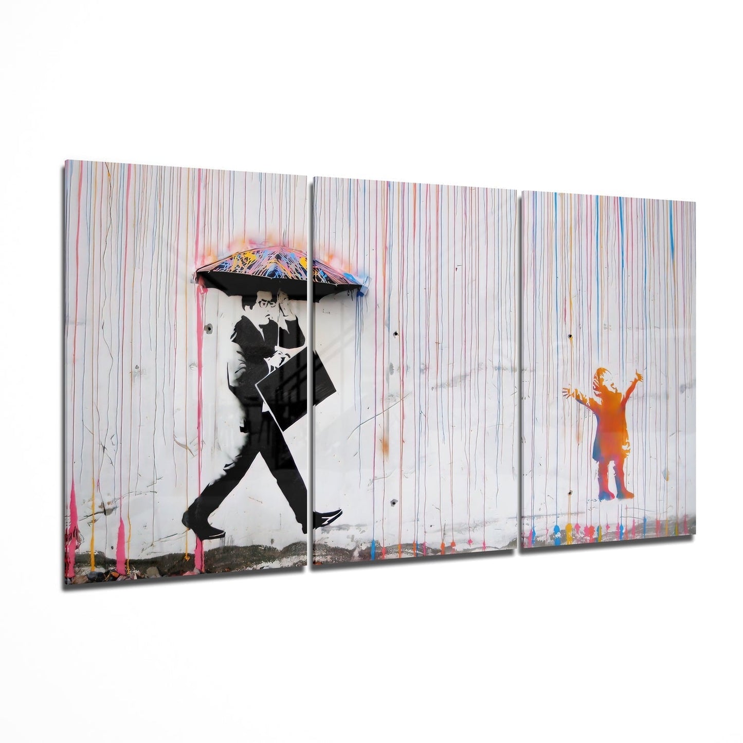 Three-panel glass wall art showing stylized figures with umbrellas and rain streaks against a striped background in black, white, and colorful accents.