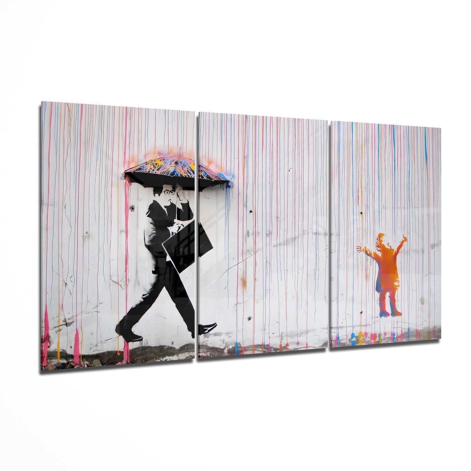 Three-panel glass wall art showing stylized figures with umbrellas and rain streaks against a striped background in black, white, and colorful accents.