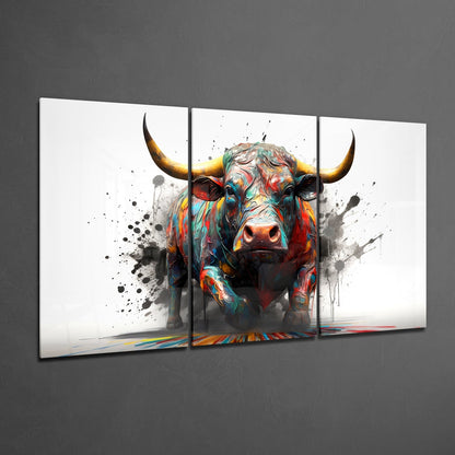 Three-panel glass wall art displaying a colorful bull with golden horns and paint-splatter effects against white background.