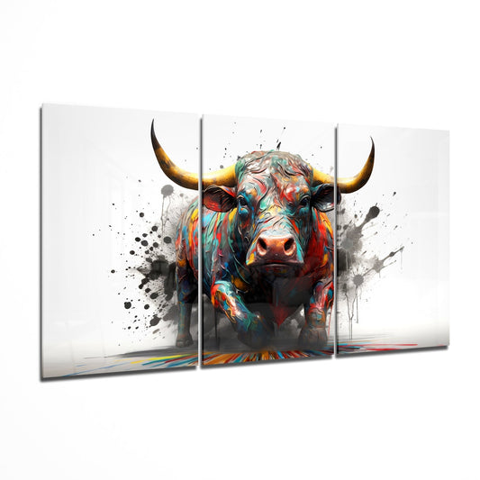 Three-panel glass wall art displaying a colorful abstract bull with golden horns and splatter effects against white background.