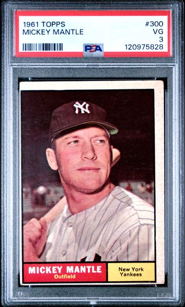 1961 Topps Mickey Mantle baseball card graded PSA 3, showing front with color portrait, red and yellow text stripe, and PSA grading label.