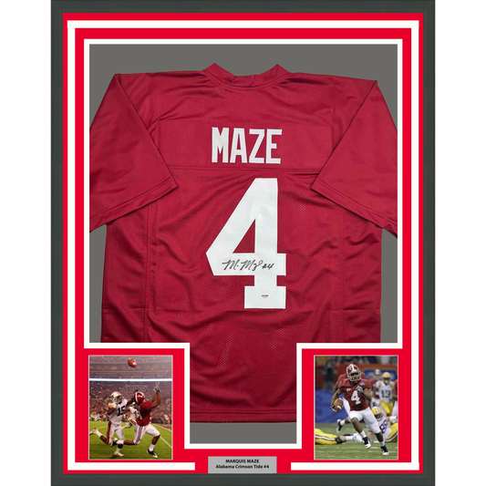 Framed red Alabama football jersey number 4 signed by Marquis Maze with two action photos and gray matting.