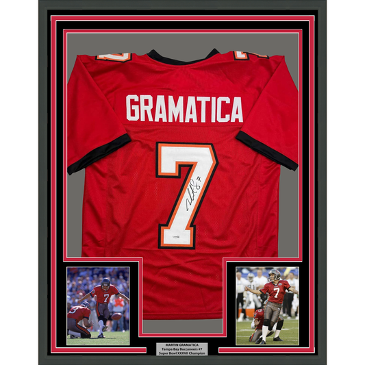 Framed red Tampa Bay Buccaneers jersey number 7 signed by Martin Gramatica, displayed with two action photos and nameplate below.
