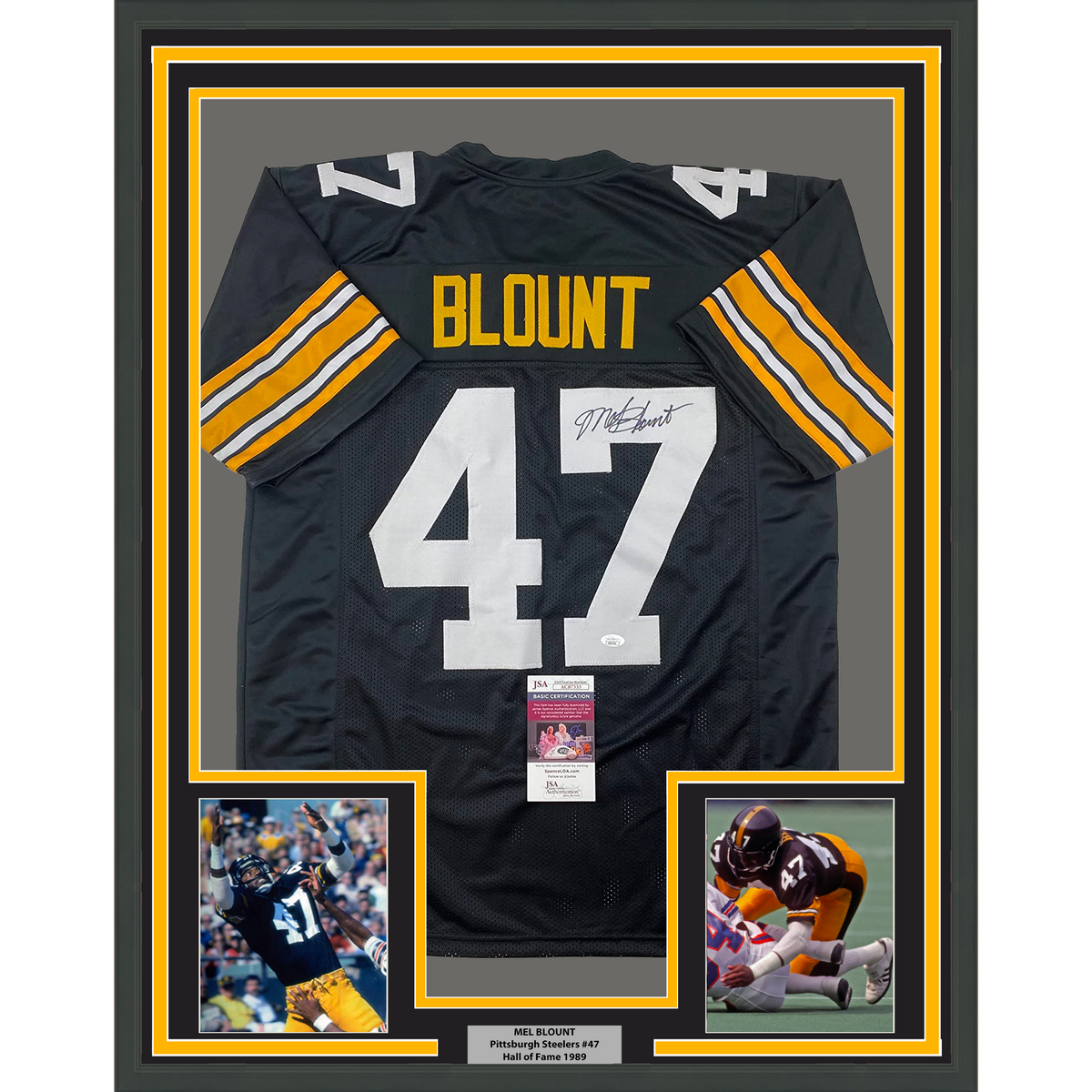 Framed Autographed Mel Blount Pittsburgh Black Football Jersey