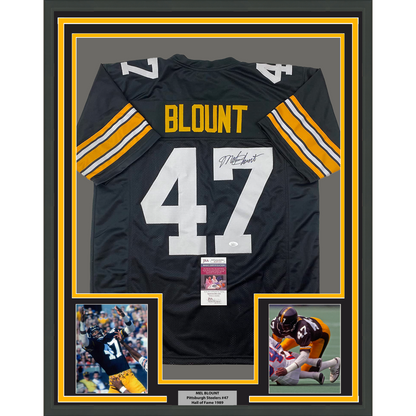 Framed Autographed Mel Blount Pittsburgh Black Football Jersey