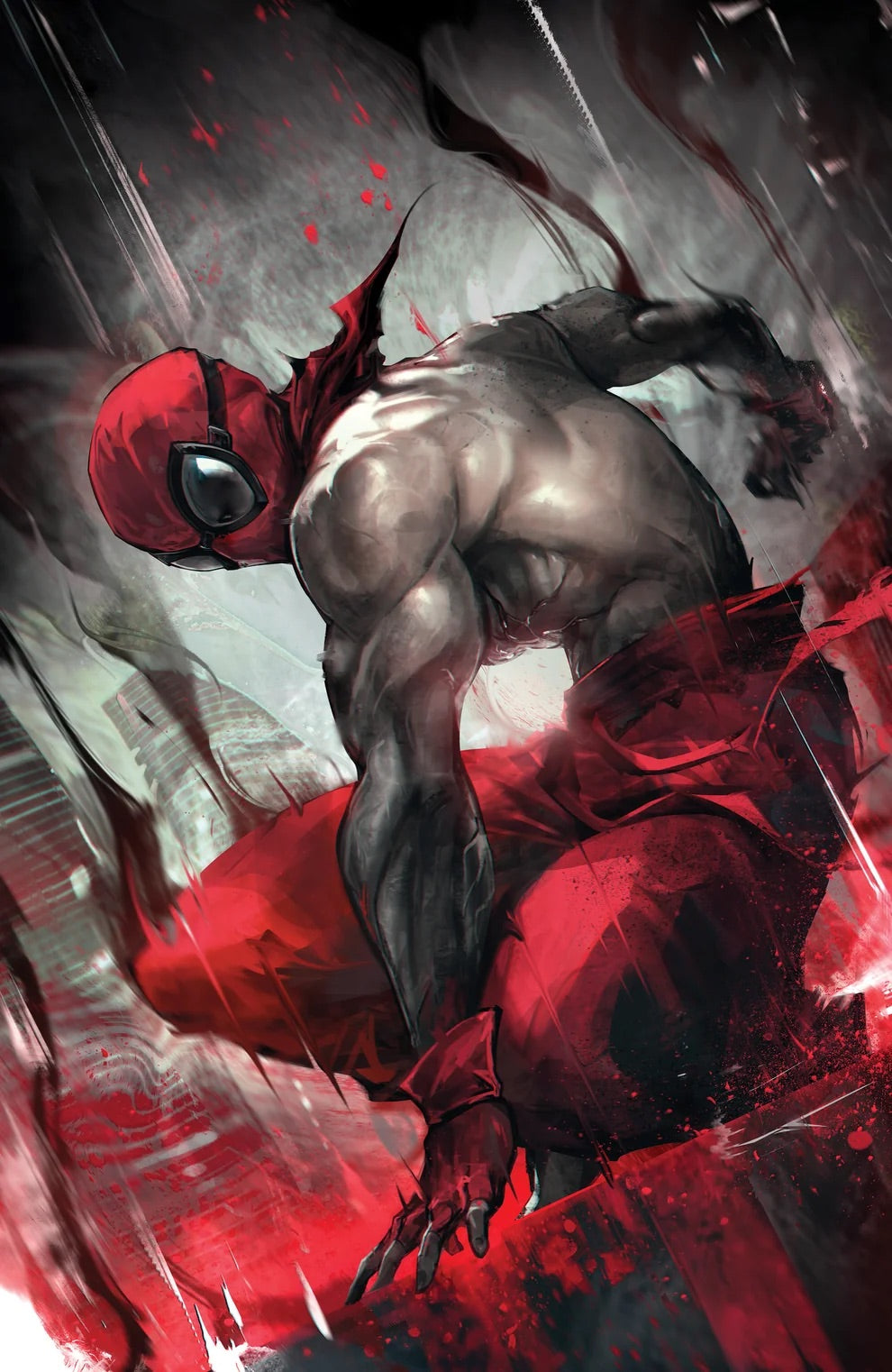 Illustrated art of a crouched, bare-chested figure in a red mask with white eye lenses and a clawed gloved hand.