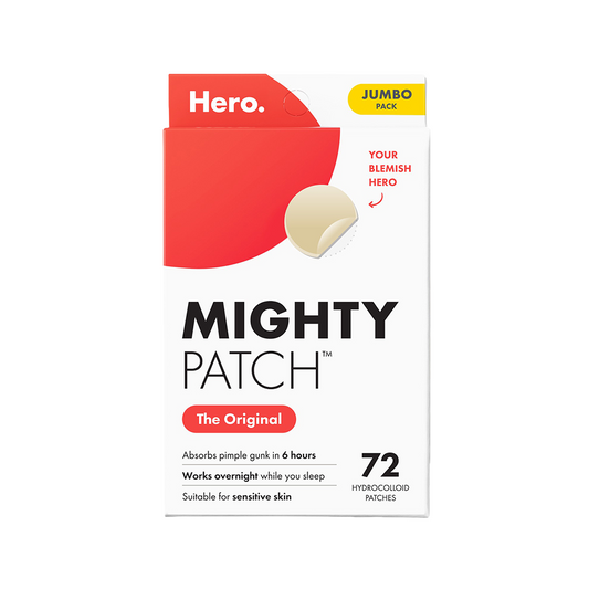 Front packaging view of Hero Mighty Patch Original Jumbo Pack showing red box design with beige patch sample and "72 hydrocolloid patches" text.