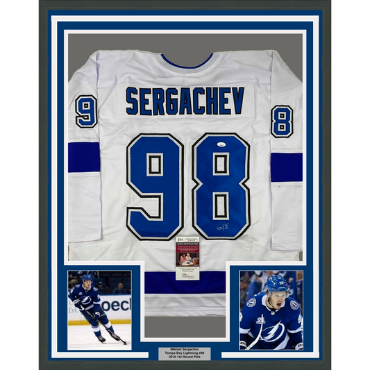 Framed white Tampa Bay Lightning jersey #98 with "SERGACHEV" nameplate, flanked by two action photos and JSA authentication certificate.