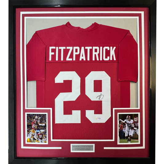 Framed red Alabama jersey number 29 with "FITZPATRICK" nameplate, signed, displayed with two photos and plaque on burgundy mat.