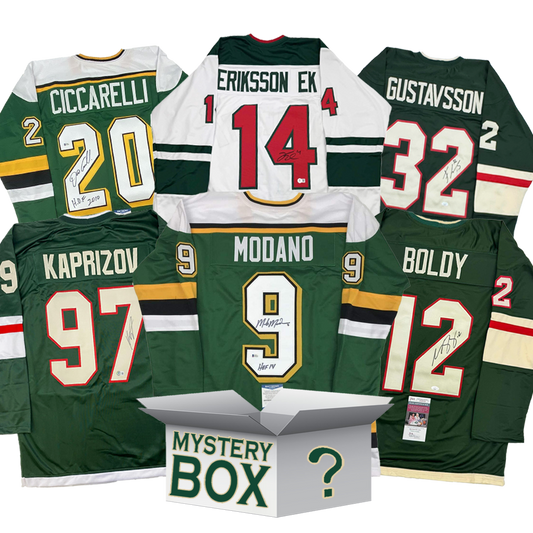 Six signed Minnesota hockey jerseys in green, white and red arranged around a white mystery box with question mark.
