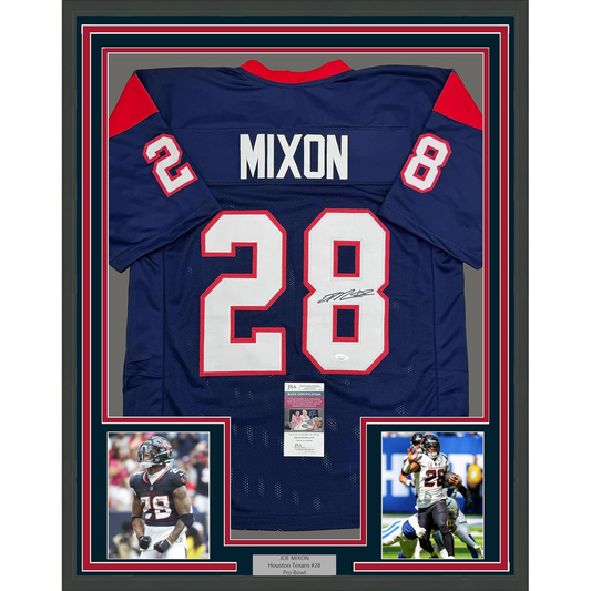 Framed Autographed Joe Mixon 35x39 Houston Blue Football Jersey JSA COA | Hall of Fame Sports Memorabilia | vintageantiquesgifts.com